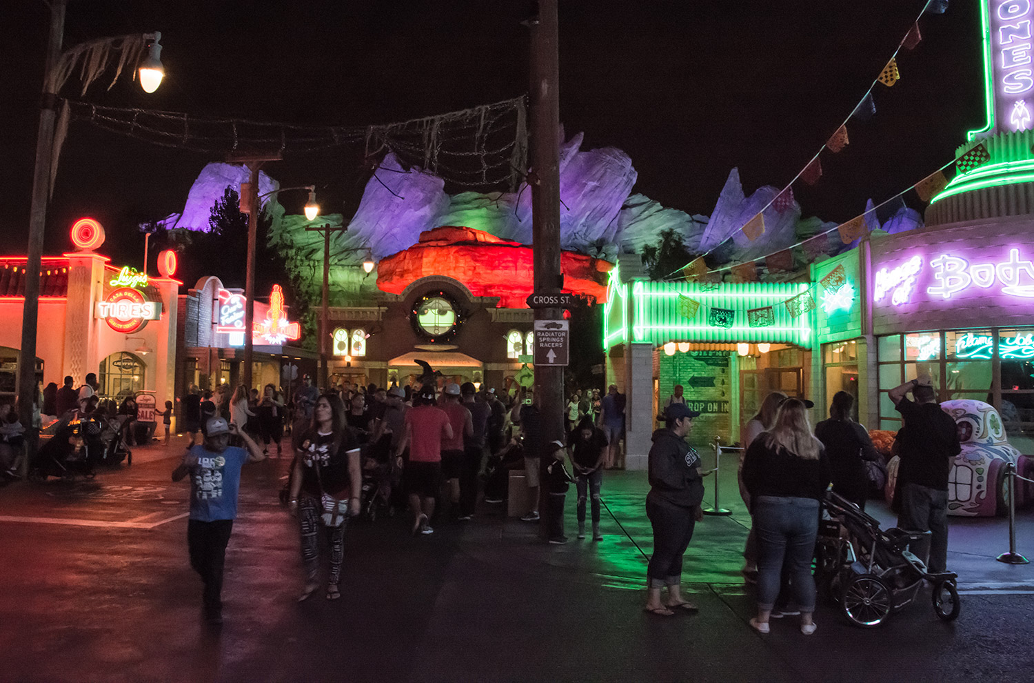 Radiator Springs decorated for Halloween at night