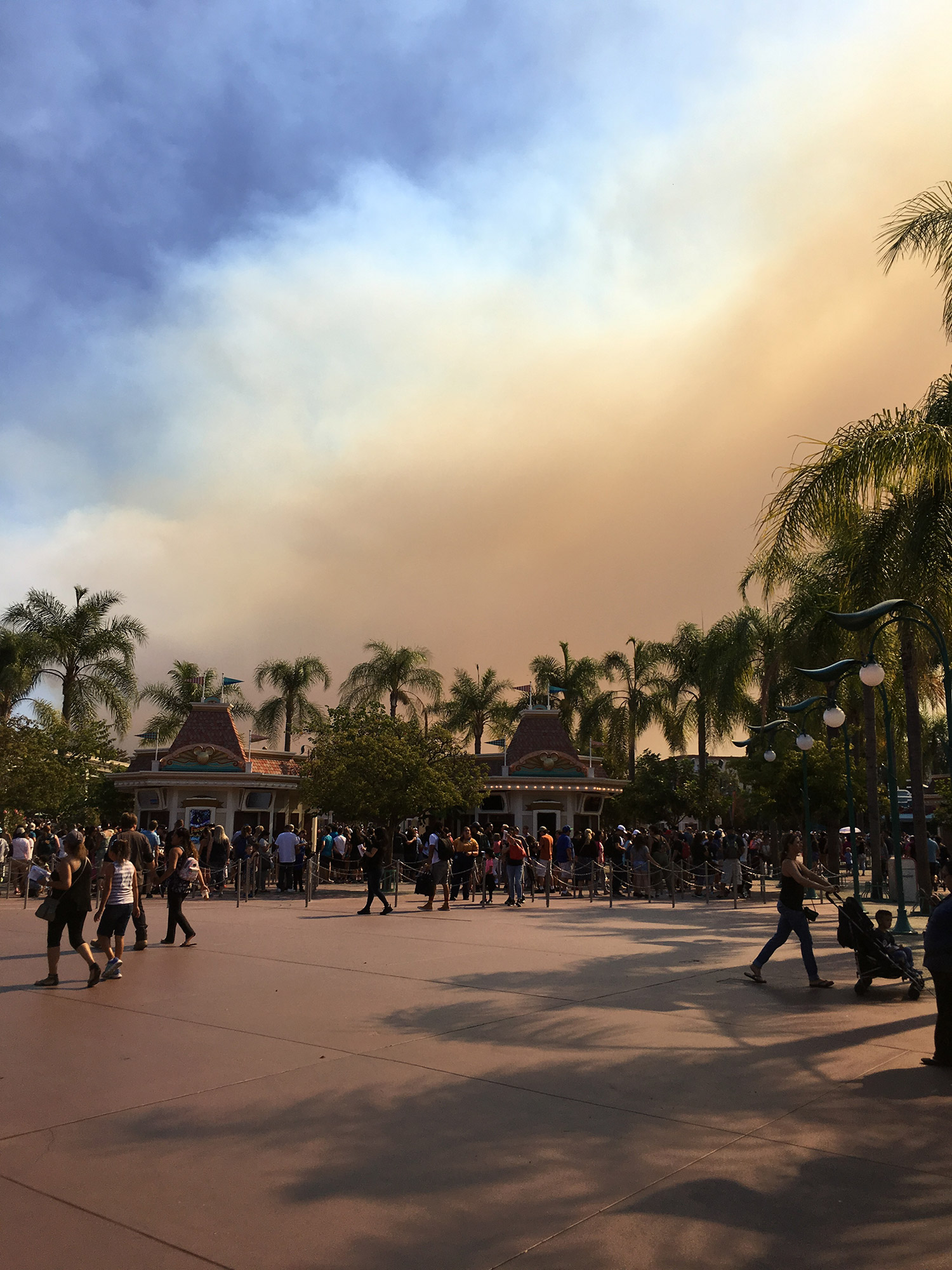 Clouds of smoke over the entrance to Disneyland